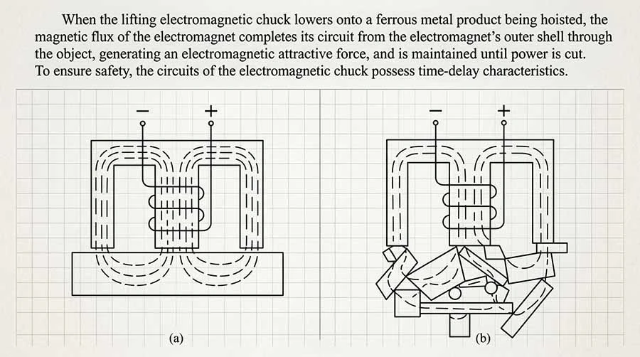 Diagram showing the magnetic circuit of a lifting electromagnet through a flat steel plate Diagram showing the magnetic circuit of a lifting electromagnet through a flat steel plate