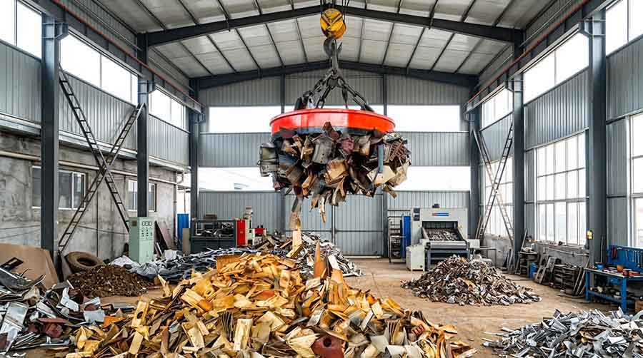 Circular lifting electromagnet handling ferrous scrap with an overhead crane Circular lifting electromagnet handling ferrous scrap with an overhead crane