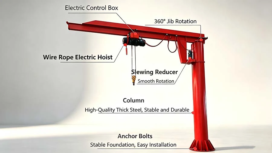 Exploded view of lifting jib crane showing main components Exploded view of lifting jib crane showing main components